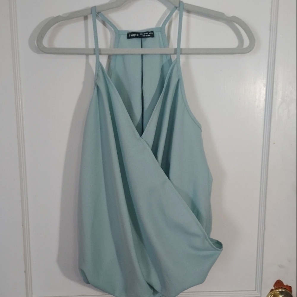 Shein Faux-Wrap Racerback Spaghetti Straps Women's Large Pale Blue